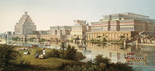 Impresión artística de los palacios asirios de “Los monumentos de Nínive” por Sir Austen Henry Layard, 1853.