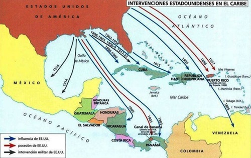 Mapa de Centroamérica y el Caribe donde se muestran las intervenciones de Estados Unidos a comienzos del siglo XX