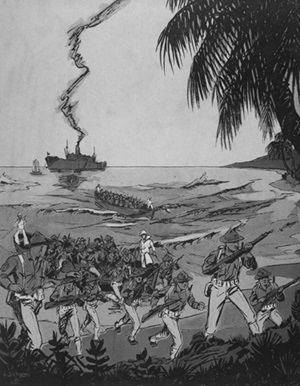 Ilustración de los marines estadounidenses arribando a Santo Domingo, 1916.