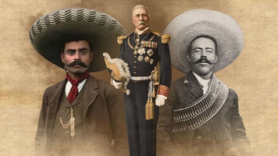 Emiliano Zapata, el Caudillo del Sur. Pancho Villa, el Centauro del Norte. Y en la mitad, Porfirio Díaz, el dictador derrocado en 1911.