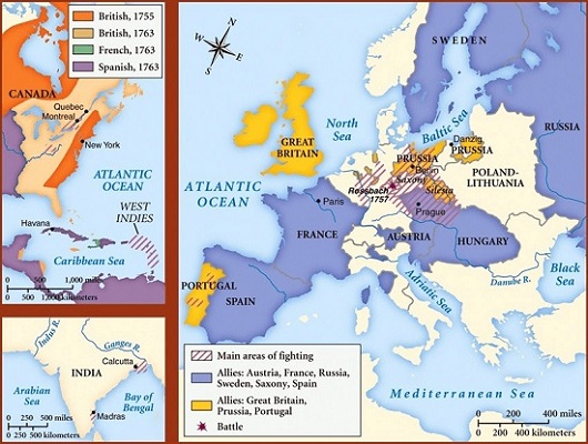 Guerra de los Siete Años. Mapa de las zonas en conflicto