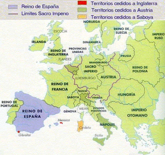 Mapa político de Europa que muestra los territorios cedidos por la monarquía española después de los tratados de Utrecht