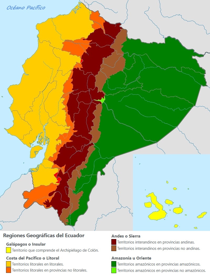 Mapa de Ecuador con la división geográfica de sus regiones naturales Mapa de Ecuador con la división geográfica de sus regiones naturales