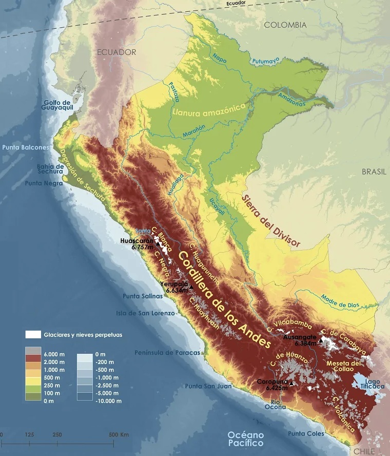 Mapa físico de Perú que muestra sus principales accidentes geográficos Mapa físico de Perú que muestra sus principales accidentes geográficos