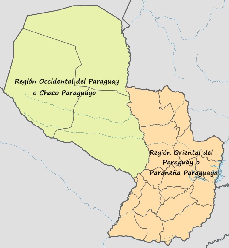 Mapa de Paraguay con la división geográfica de sus regiones naturales