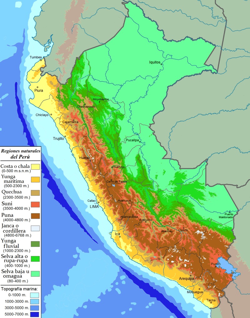 Mapa de Perú con la división geográfica de sus regiones naturales. También se muestra la ubicación de sus principales ciudades.