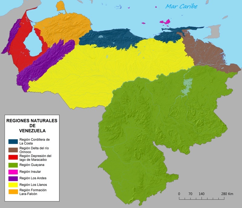 Mapa de Venezuela con la división geográfica de sus regiones naturales Mapa de Venezuela con la división geográfica de sus regiones naturales