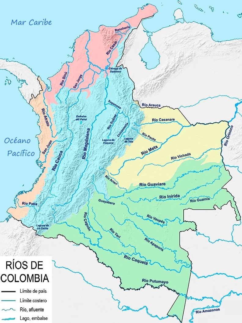 Mapa de Colombia que muestra sus principales ríos y afluentes Mapa de Colombia que muestra sus principales ríos y afluentes
