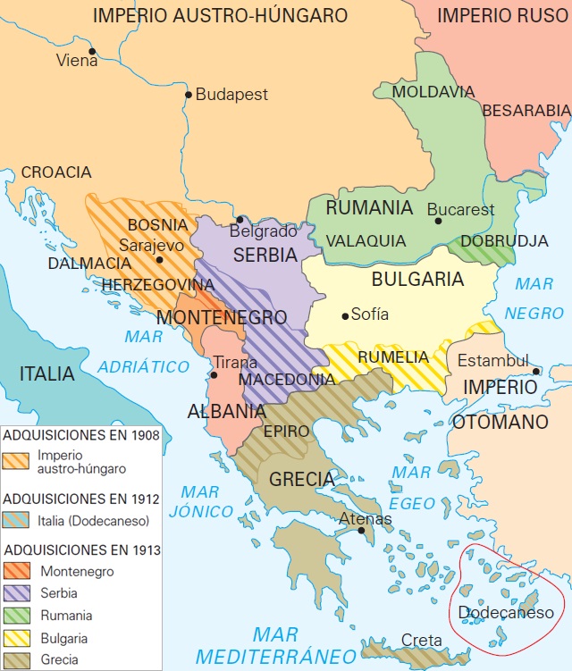 Mapa de los Balcanes que muestra la situación territorial a inicios del siglo XX