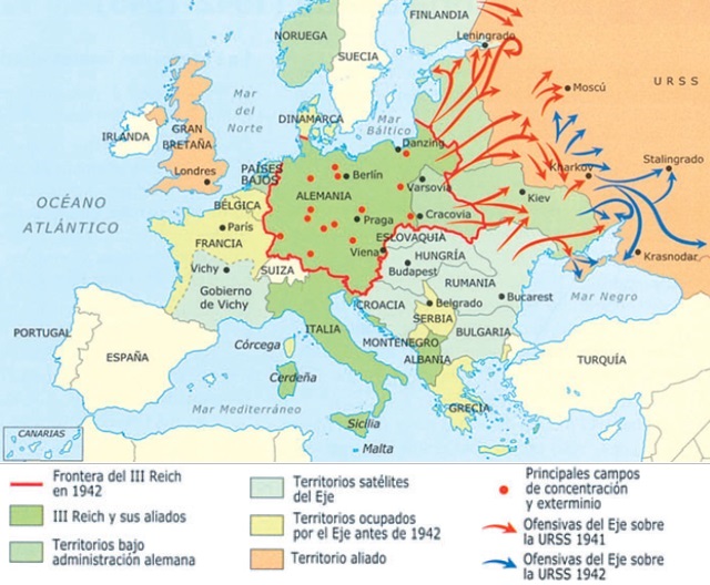  Mapa de Europa que muestra la situación territorial en 1942 dentro de la segunda guerra mundial