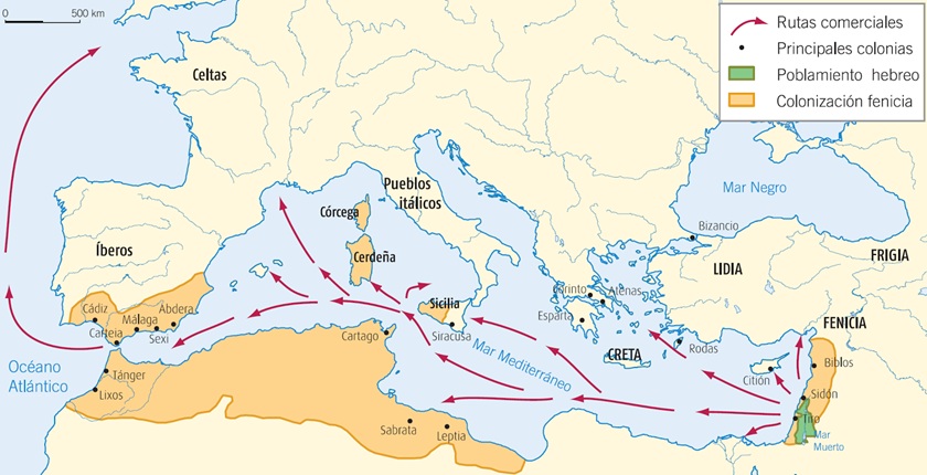 Mapa que muestra los territorios dominados por los pueblos fenicios y hebreos Mapa que muestra los territorios dominados por los pueblos fenicios y hebreos