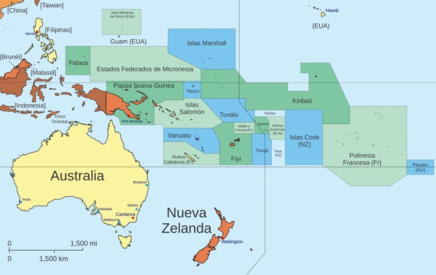 Mapa de la división política de Oceanía Mapa de la división política de Oceanía